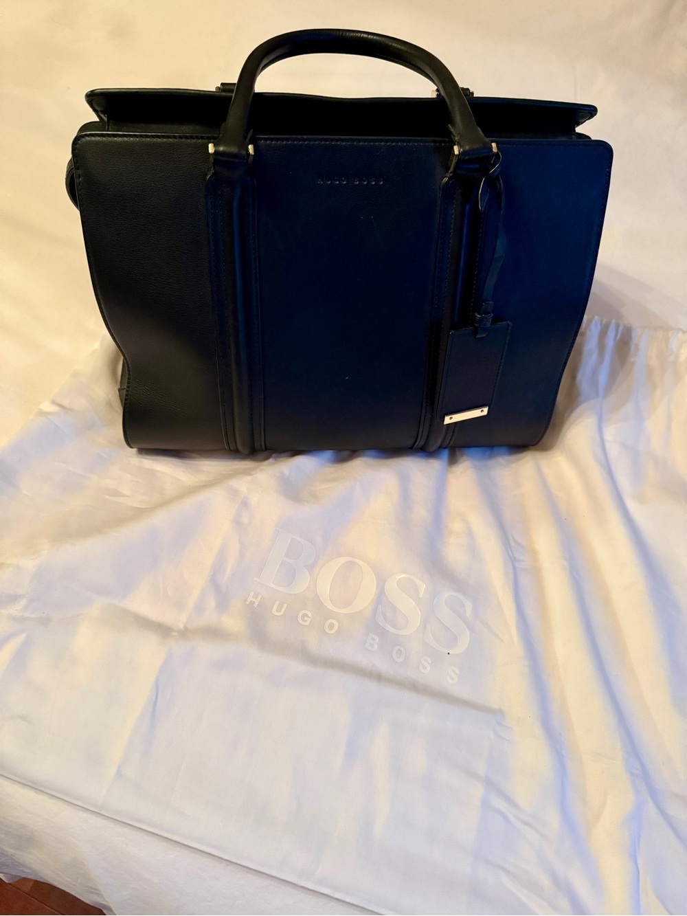Hugo Boss leather tote in black. Made in Italy.